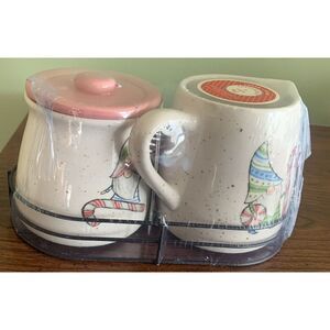 Peppermint‎ & Pine Christmas Gnome Sugar And Creamer Set With Holder New Sealed
